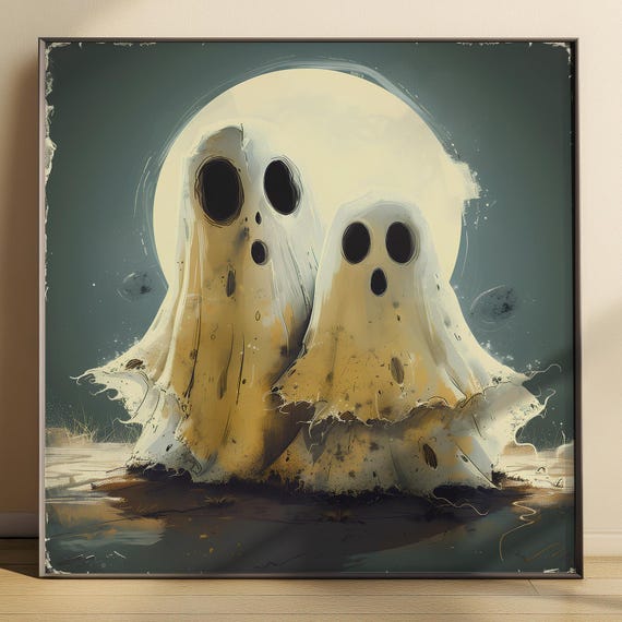 Two Cute Ghosts Under Full Moon Halloween Spooky Cute Art Poster