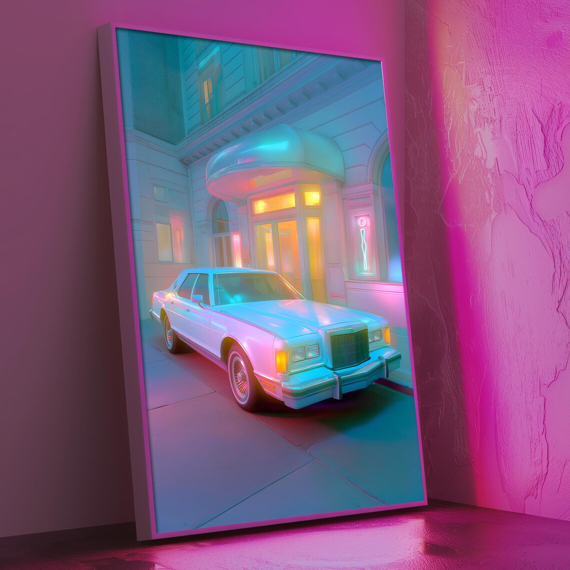 Glow Rider Classic Sedan Neon Pink City Night Retro Art Print