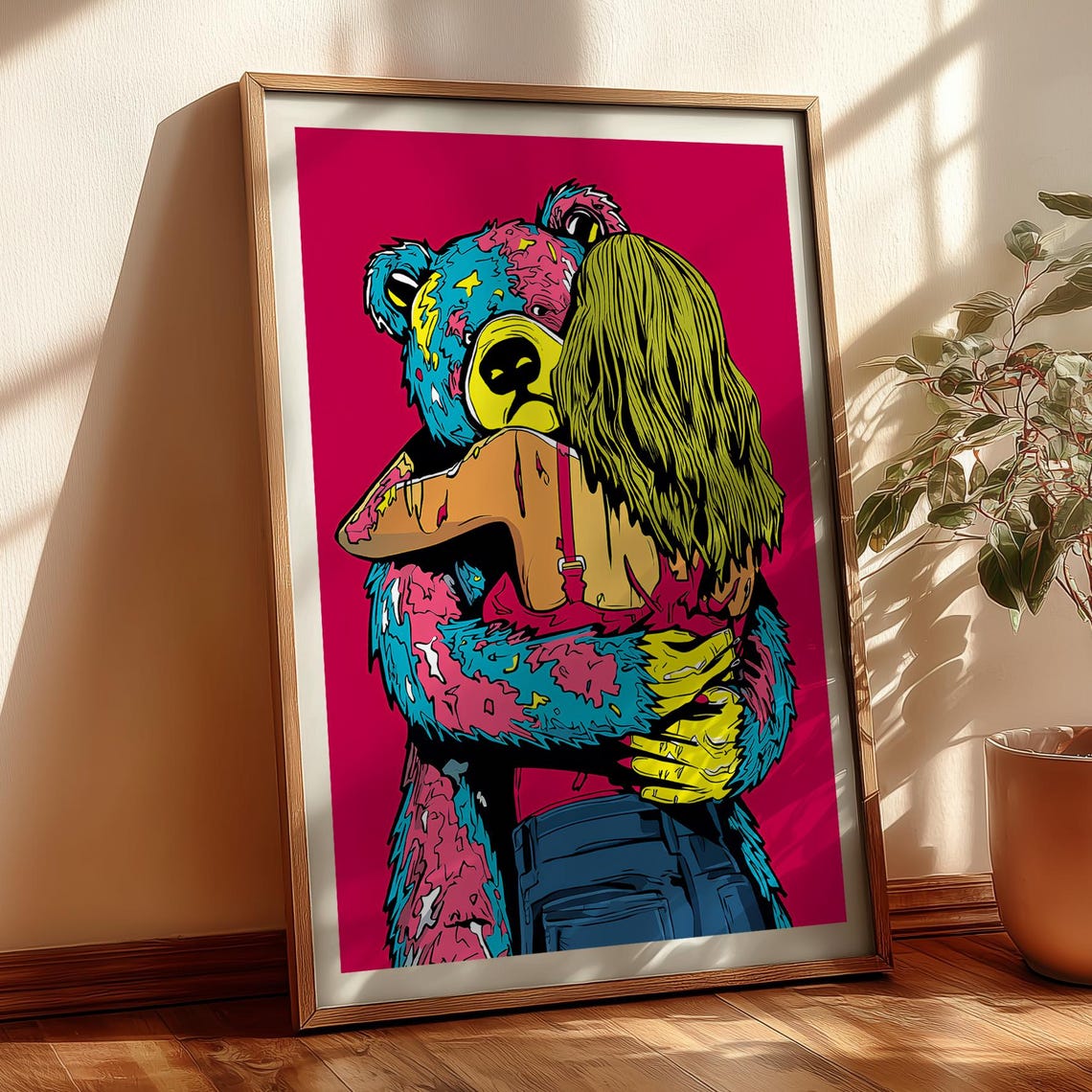 Hug Me Woman Hugging Colorful Bear Pink Background Pop Art Poster