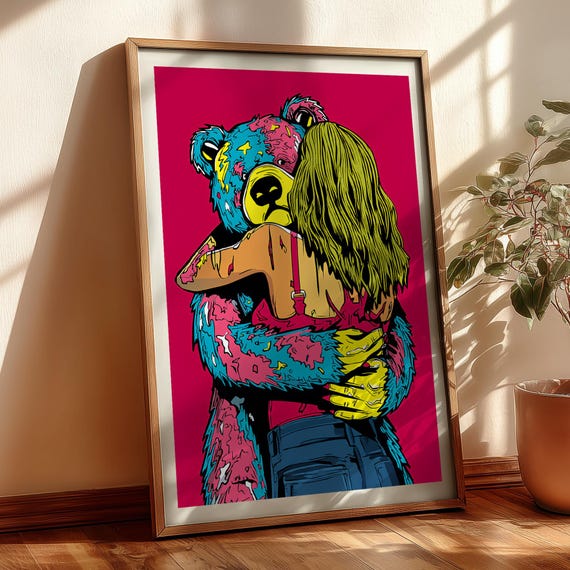 Hug Me Colorful Illustration Animal Art Print Bear Wall Home Decor Comic Street