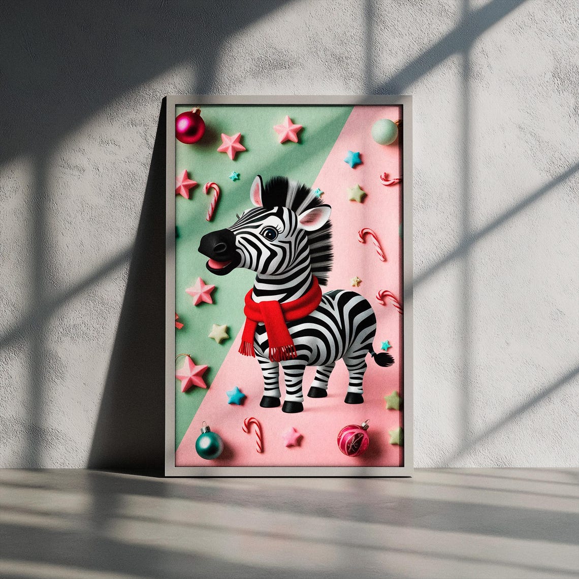 Happy Baby Zebra in Red Scarf Christmas Candy Cane Nursery Poster