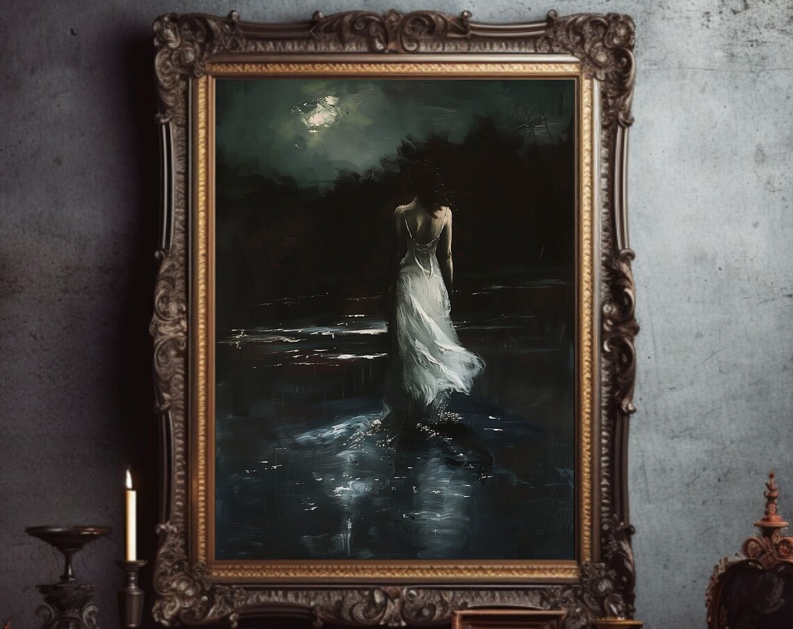 Moonlit Woman in White Dress Walking Into Dark Water Oil Poster
