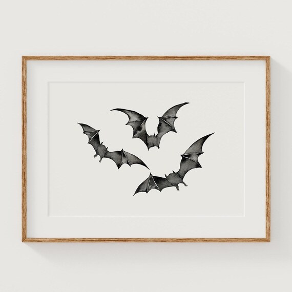 Three Watercolor Flying Bats Halloween Spooky Gothic Decor Poster