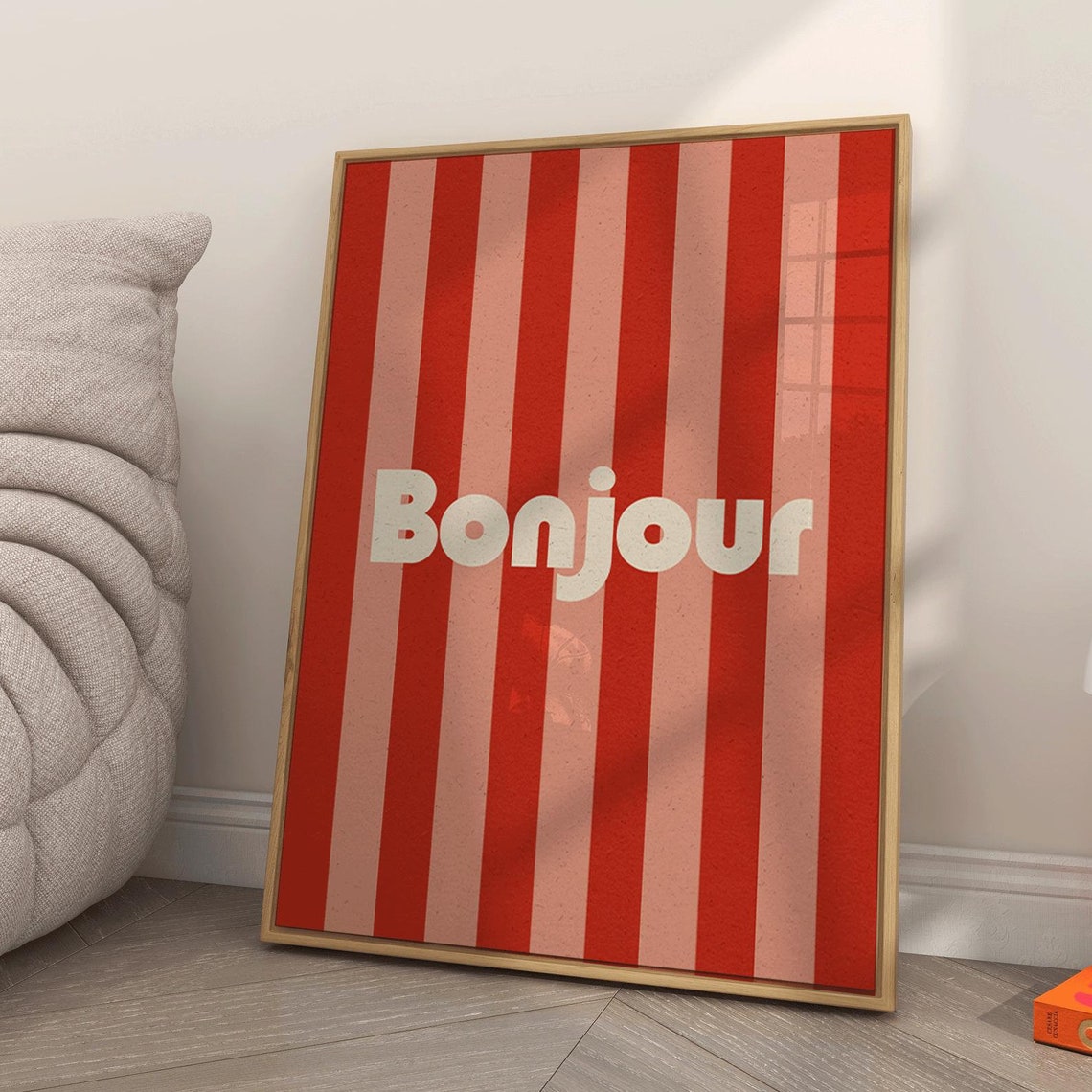 Bonjour French Poster with Red and Pink Vertical Stripe Design - Image 2