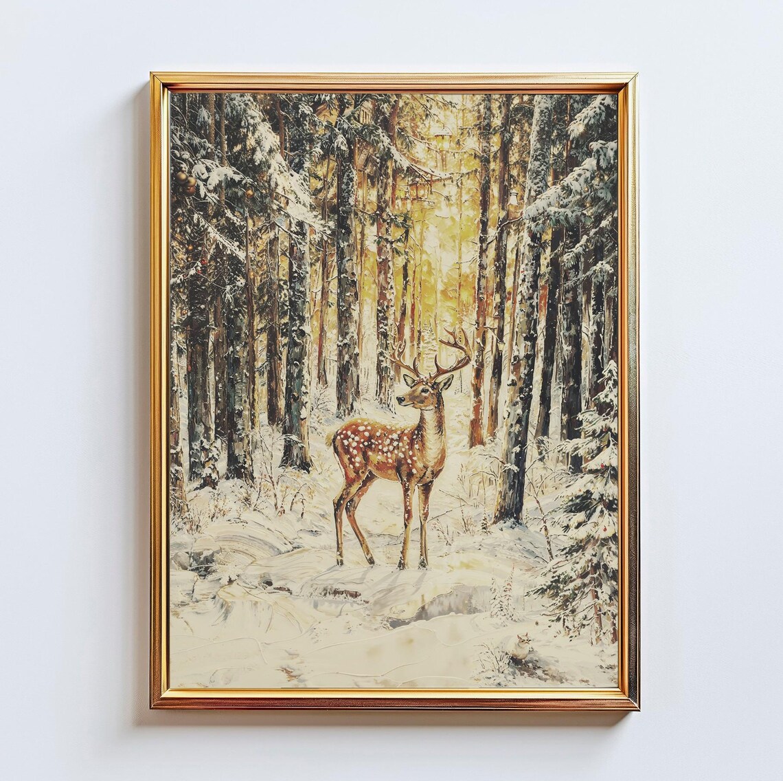 Deer In Golden Snowy Forest Wall Art