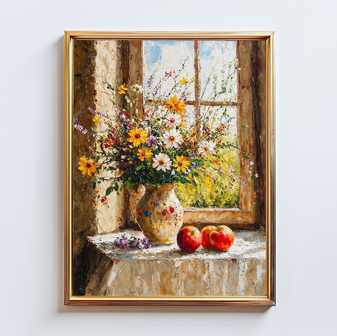 Wildflower Bouquet In Ceramic Vase Rustic Windowsill Impressionist Poster