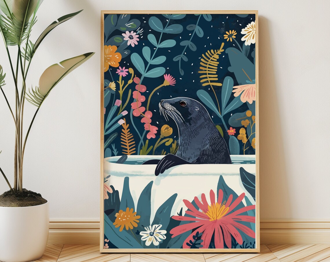 Seal Art Print, Boho Jungle Bathroom Decor