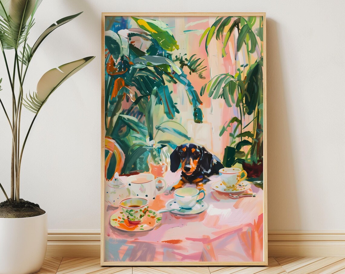 Retro Dachshund Print, Vintage Dog Teacups Poster