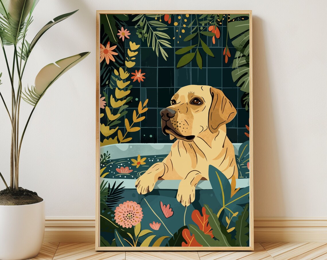 Yellow Labrador Boho Jungle Bathtub Art Print