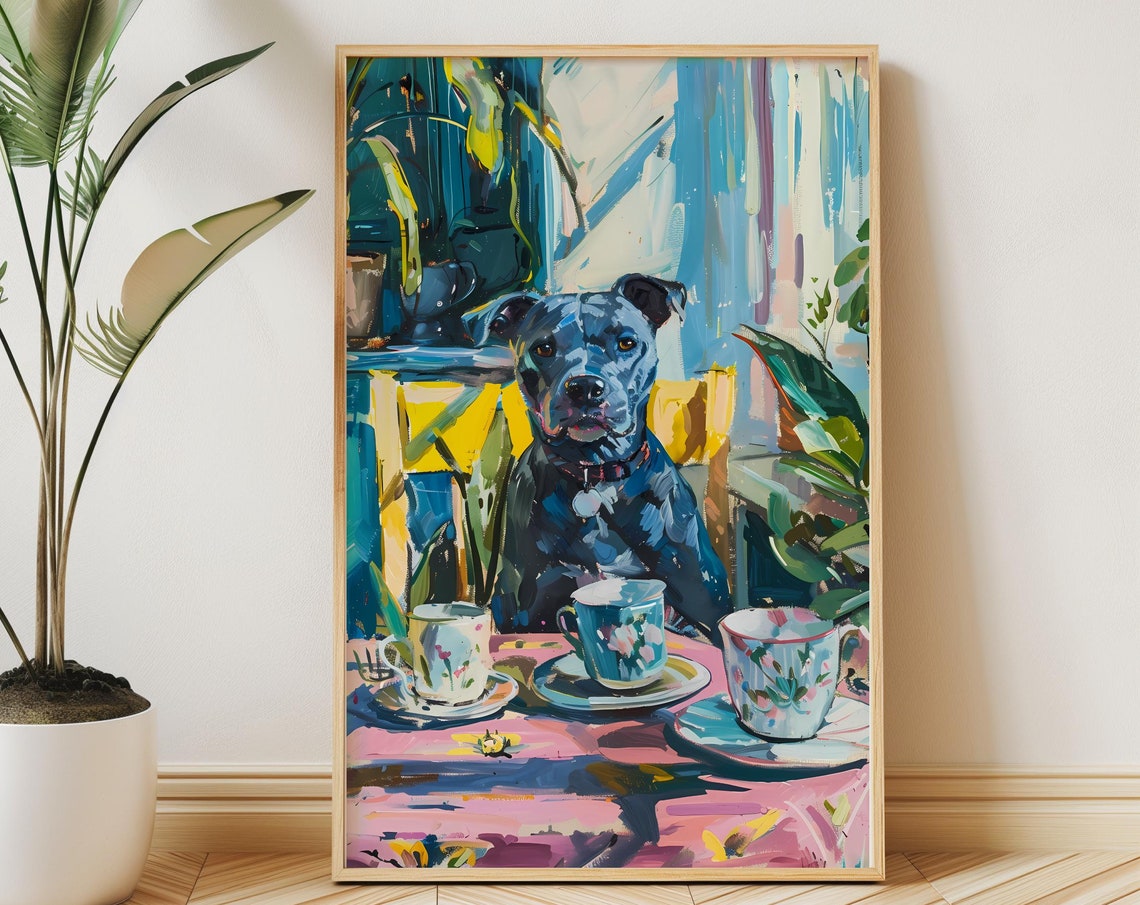 Black Staffy Tea Party Floral Teacups Vivid Painting Art Poster
