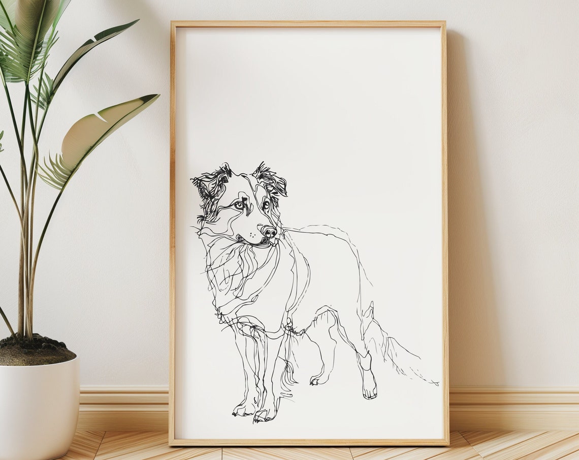 Australian Shepherd Minimal Continuous Line Portrait Poster Dog Art