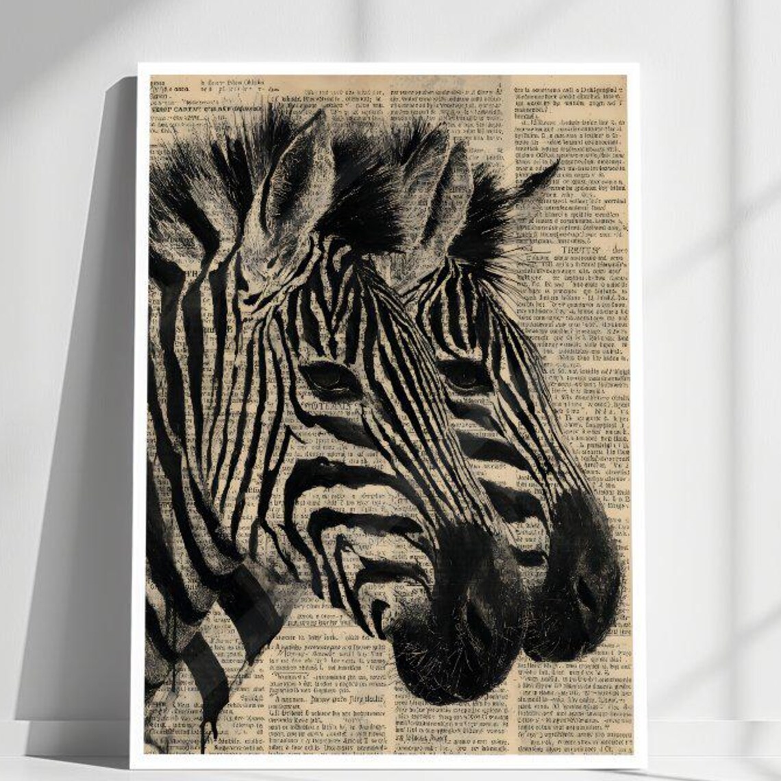 Abstract Zebra Ink Print, Vintage Newspaper Style