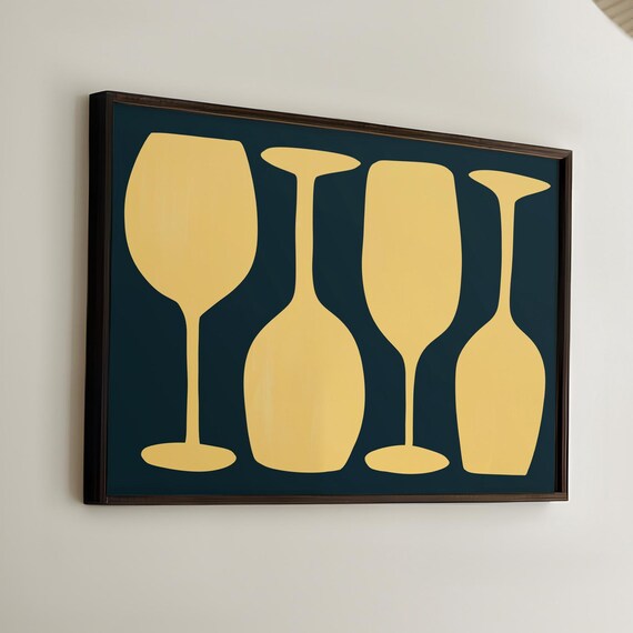 Golden Wine Glasses Navy Blue Mid Century Modern Bar Cart Poster