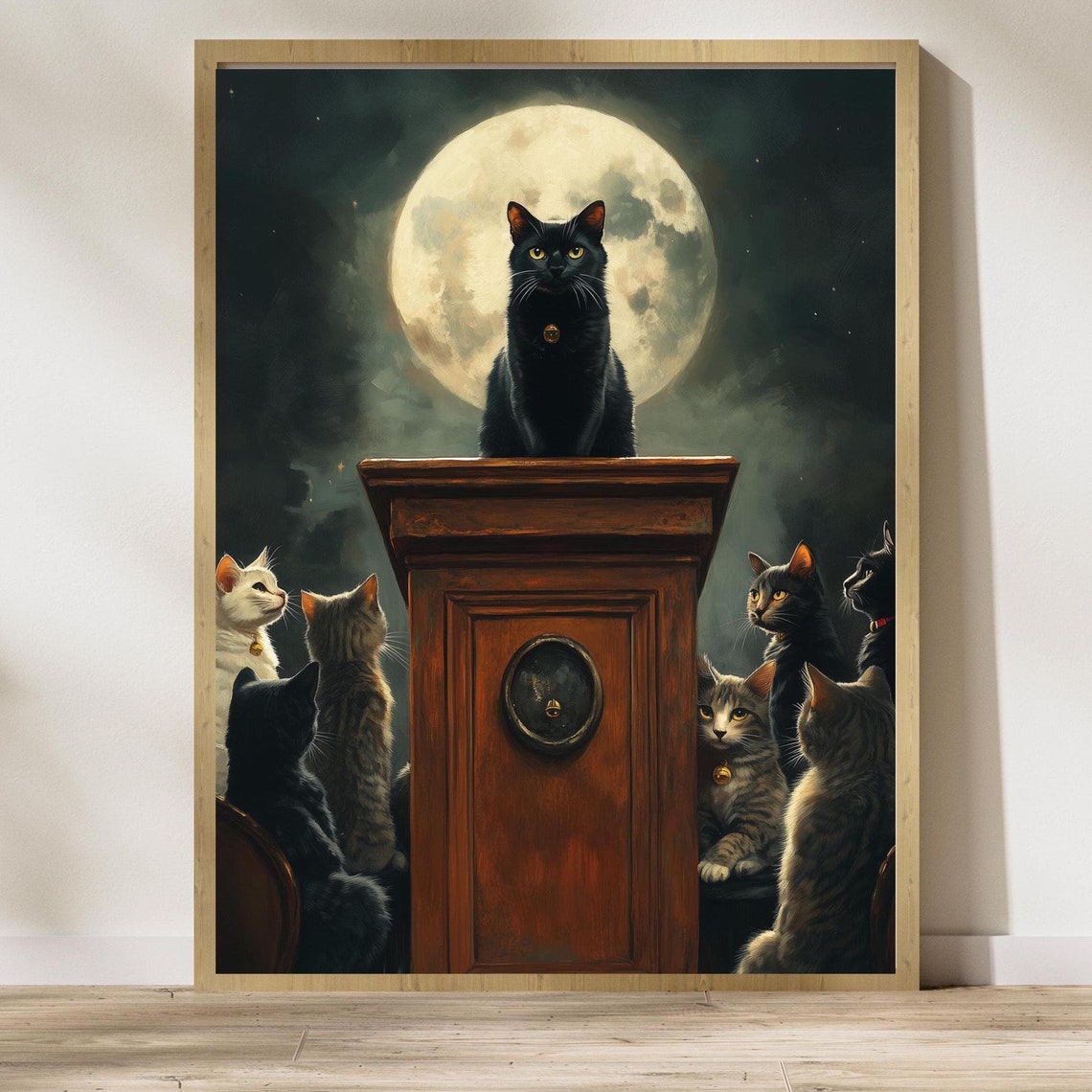 Black Cat Giving Speech to Cats Under Full Moon Whimsical Art Poster