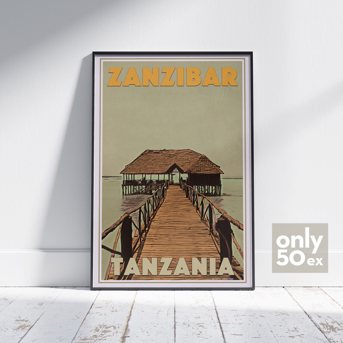 Zanzibar Tanzania Overwater Thatched Hut Wooden Pier Travel Poster
