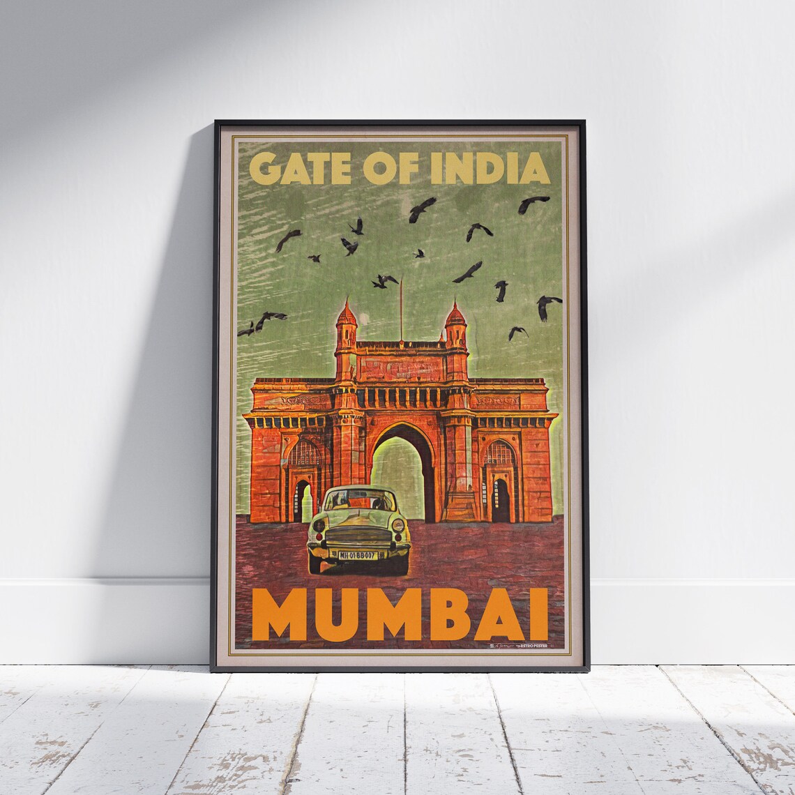 Mumbai Gateway Of India Classic Car Birds Sky Vintage Travel Poster