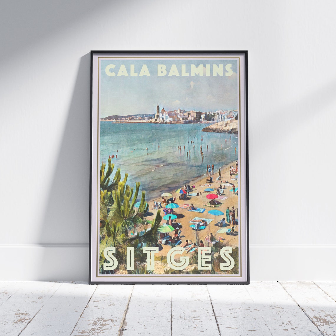 Cala Balmins Sitges Spain Beach Umbrellas Sunny Travel Poster