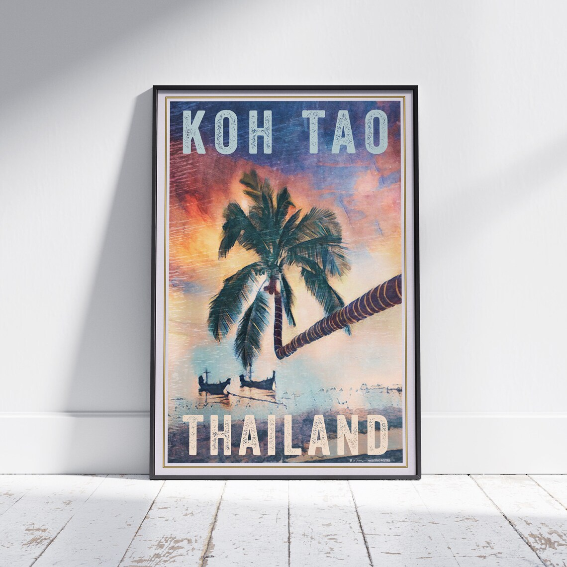 Koh Tao Thailand Retro Travel Poster Sunset Palm Beach Island Art