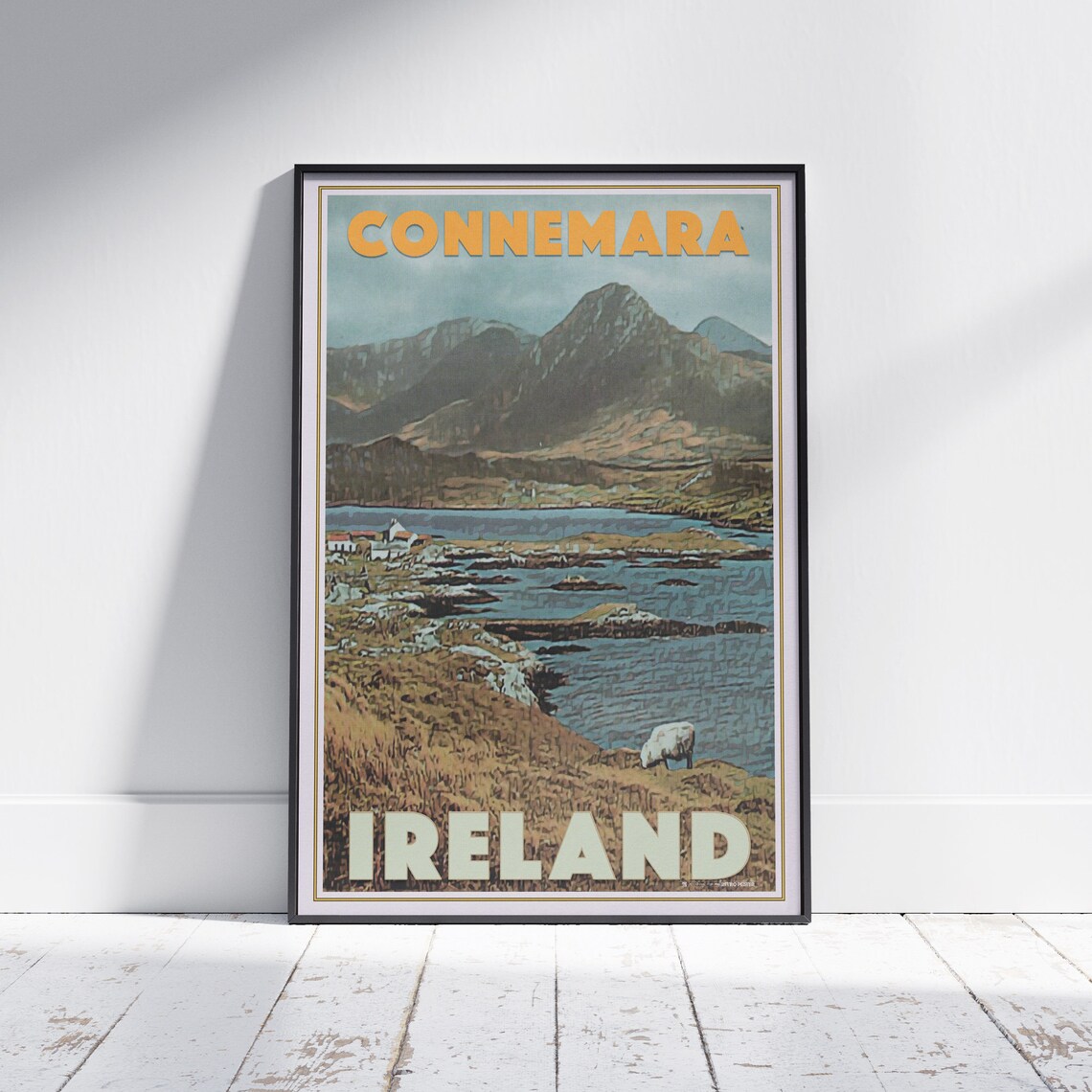 Connemara Ireland Sheep Lake Mountain Landscape Vintage Travel Poster