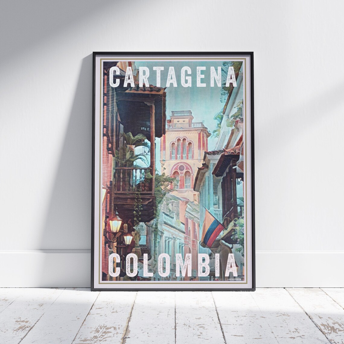 Cartagena Colombia Colonial Street Balconies Retro Travel Poster