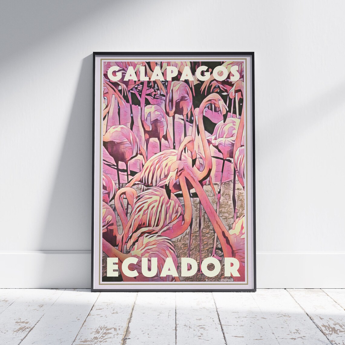 Galapagos Poster Flamingos By Alecse Limited Edition Ecuador Travel Poster Galapagos Gallery Wall Print Of Ecuador Flamingo Decoration
