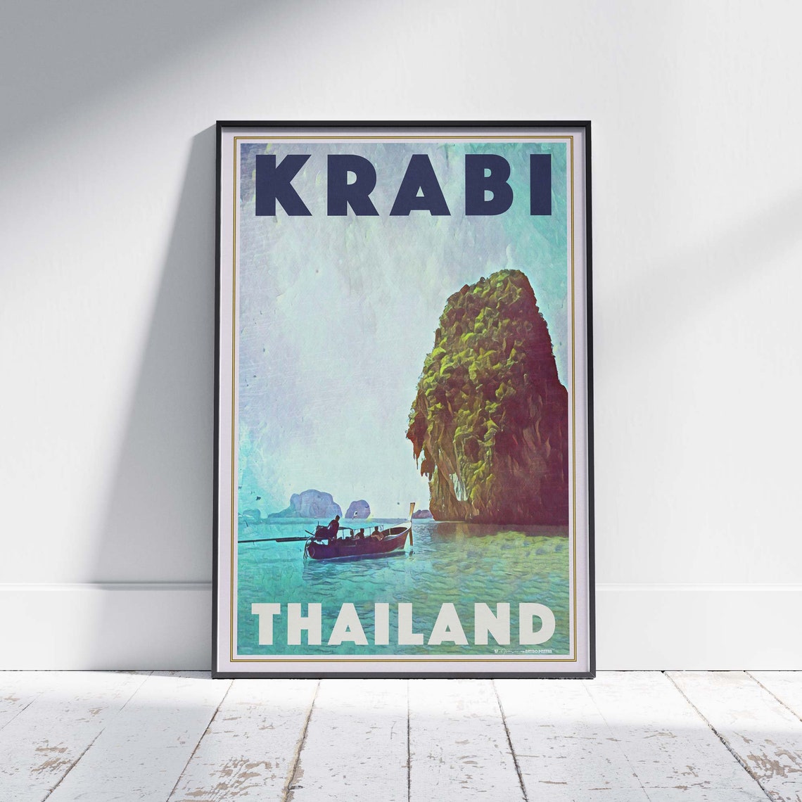 Krabi Thailand Limestone Karst Cliffs Longtail Boat Travel Poster