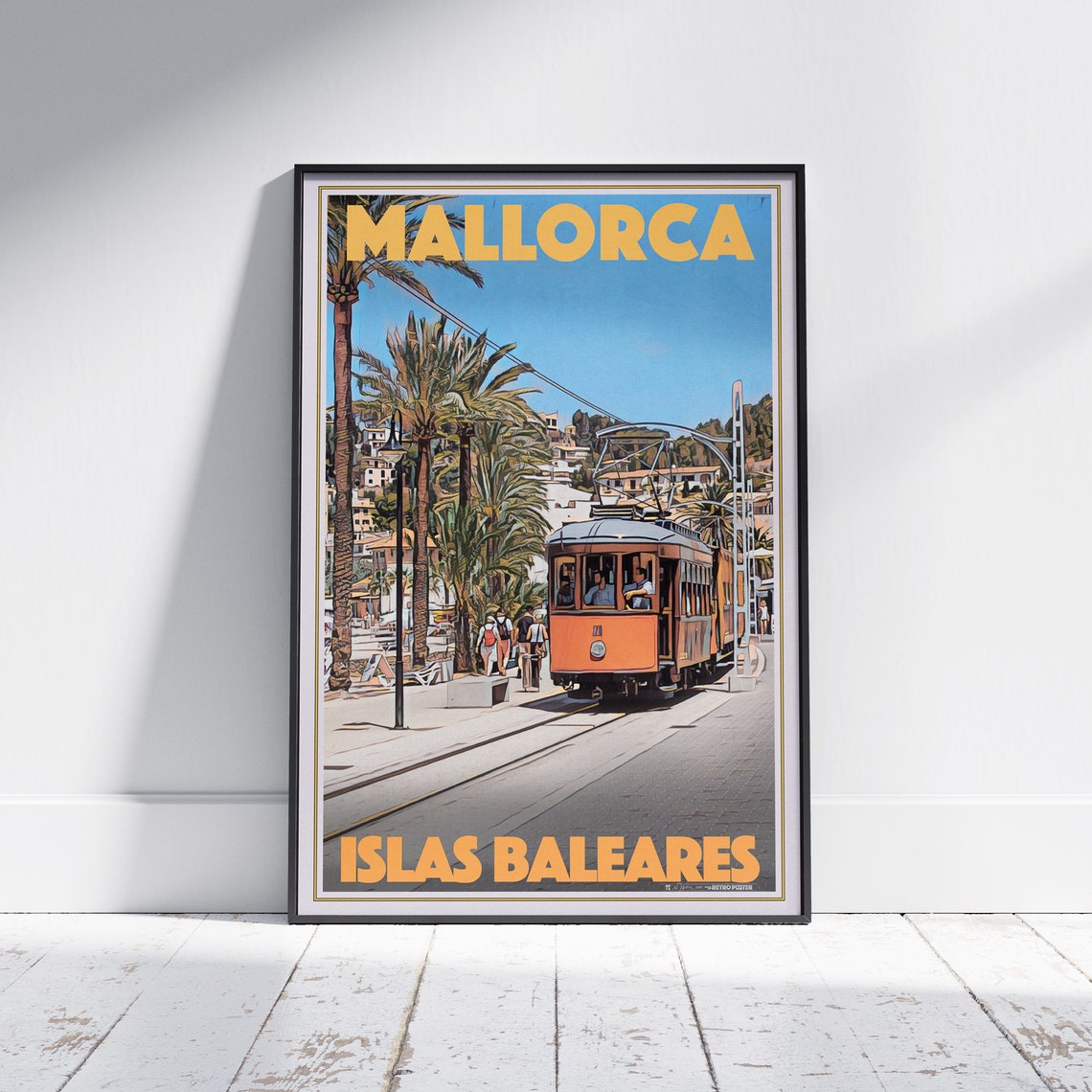 Mallorca Vintage Orange Tram Promenade Travel Poster Balearic Islands
