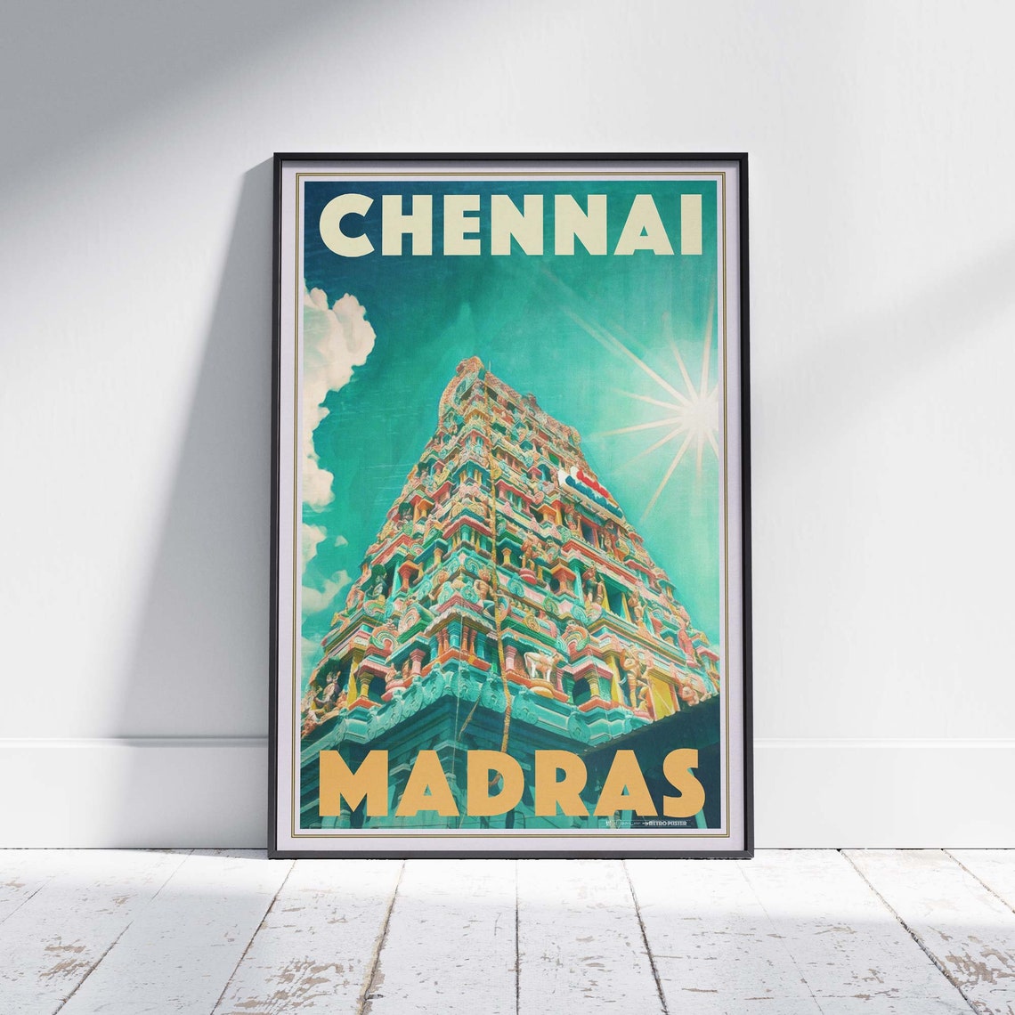 Chennai Madras Hindu Temple Tower Gopuram Retro Travel Art Poster
