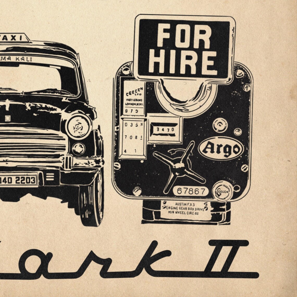 Hindustan Ambassador Mark II Mumbai Taxi Retro Line Art Car Poster - Image 4