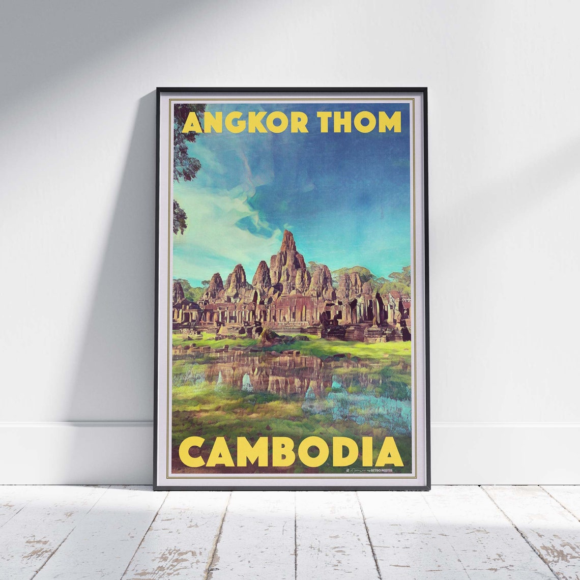 Angkor Thom Bayon Temple Stone Faces Cambodia Vintage Poster