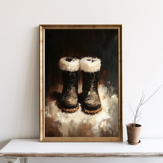 Vintage Santa Boots Oil Painting Rustic Winter Still Life Christmas Art Print