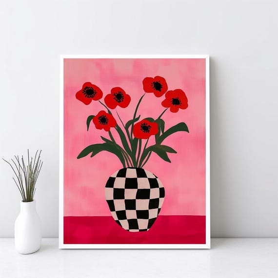 Berry Pink Contemporary Eclectic Wall Art Decor Tulips Checkered Vase Poster Floral Painting Abstract Flowers Sg169