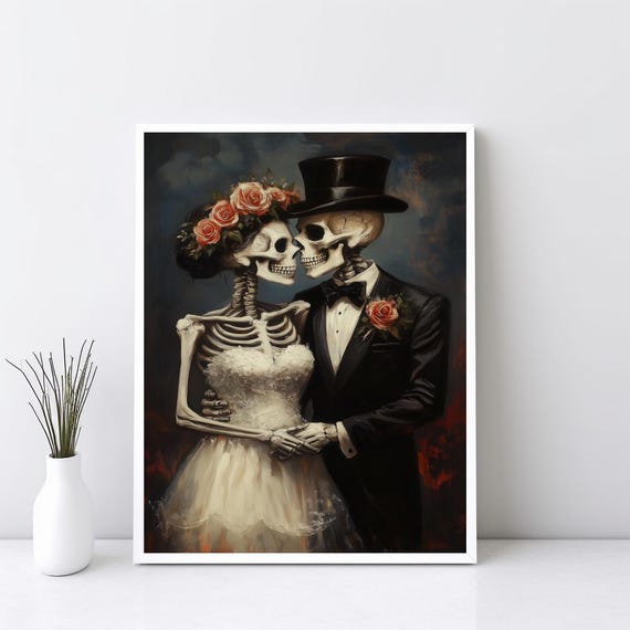 Together For Eternity Wedding Bride And Groom Skeleton Halloween Wall Art Vintage Print Gothic Sg235