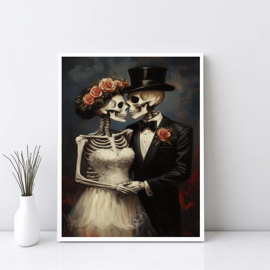 Together For Eternity Wedding Bride And Groom Skeleton Halloween Wall Art Vintage Print Gothic Sg235