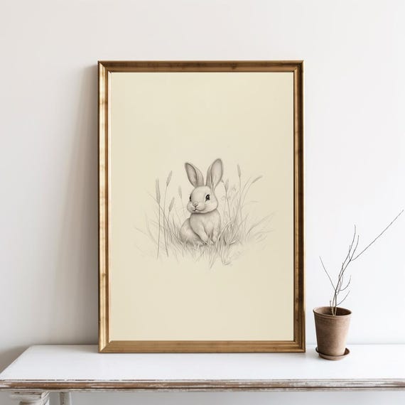 Vintage Easter Bunny Drawing Antique Rabbit Sketch Print Country Farmhouse Wall Art Rustic Decor Hand Drawn Nursery Sg369