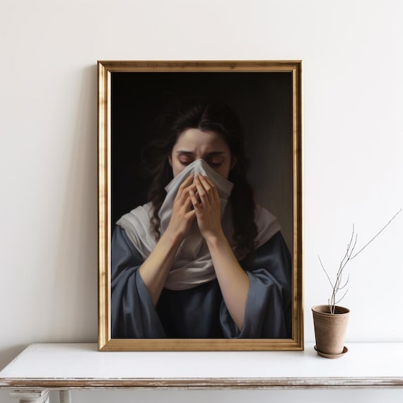Woman Blowing Nose Classical Painting Funny Bathroom Dark Art Poster
