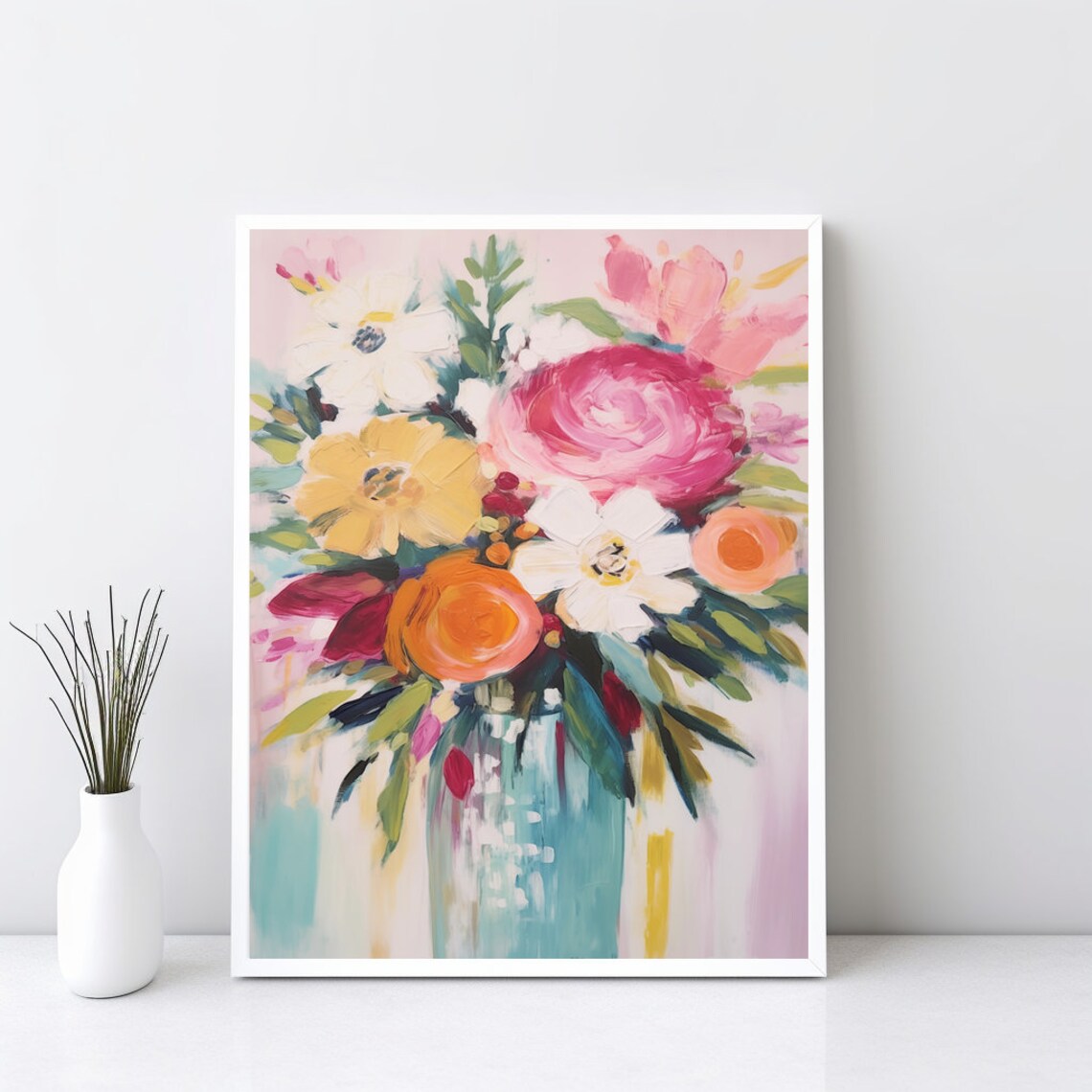 Colorful Floral Bouquet Oil Painting Bright Flower Vase Art Poster