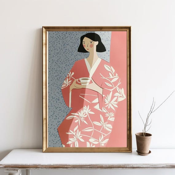 Abstract People Wall Art Tea Illustration Decor Print Lover Minimalist Painting Modern Pink Poster Sg179