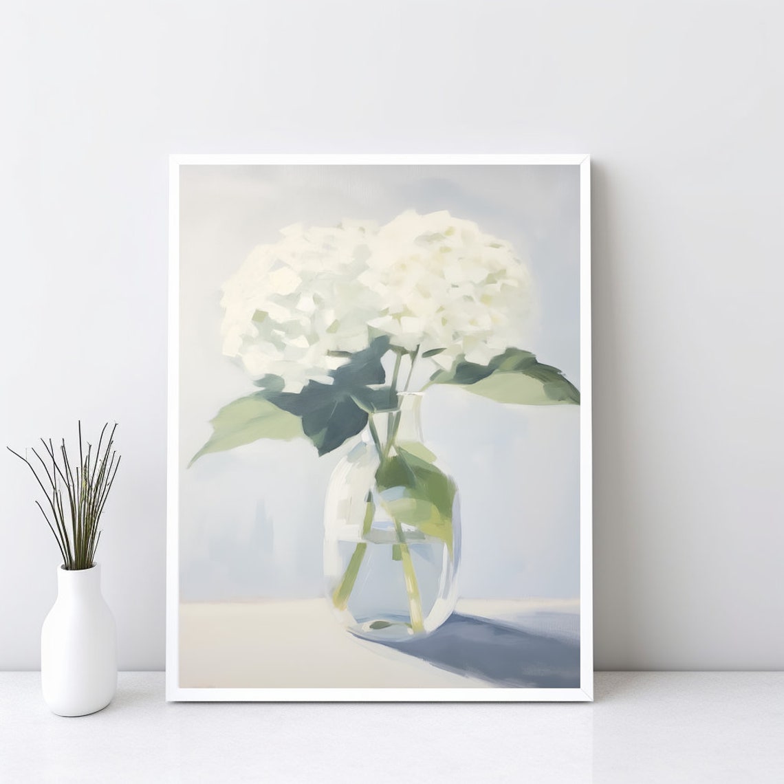 White Hydrangeas Vase Soft Watercolor Floral Still Life Poster