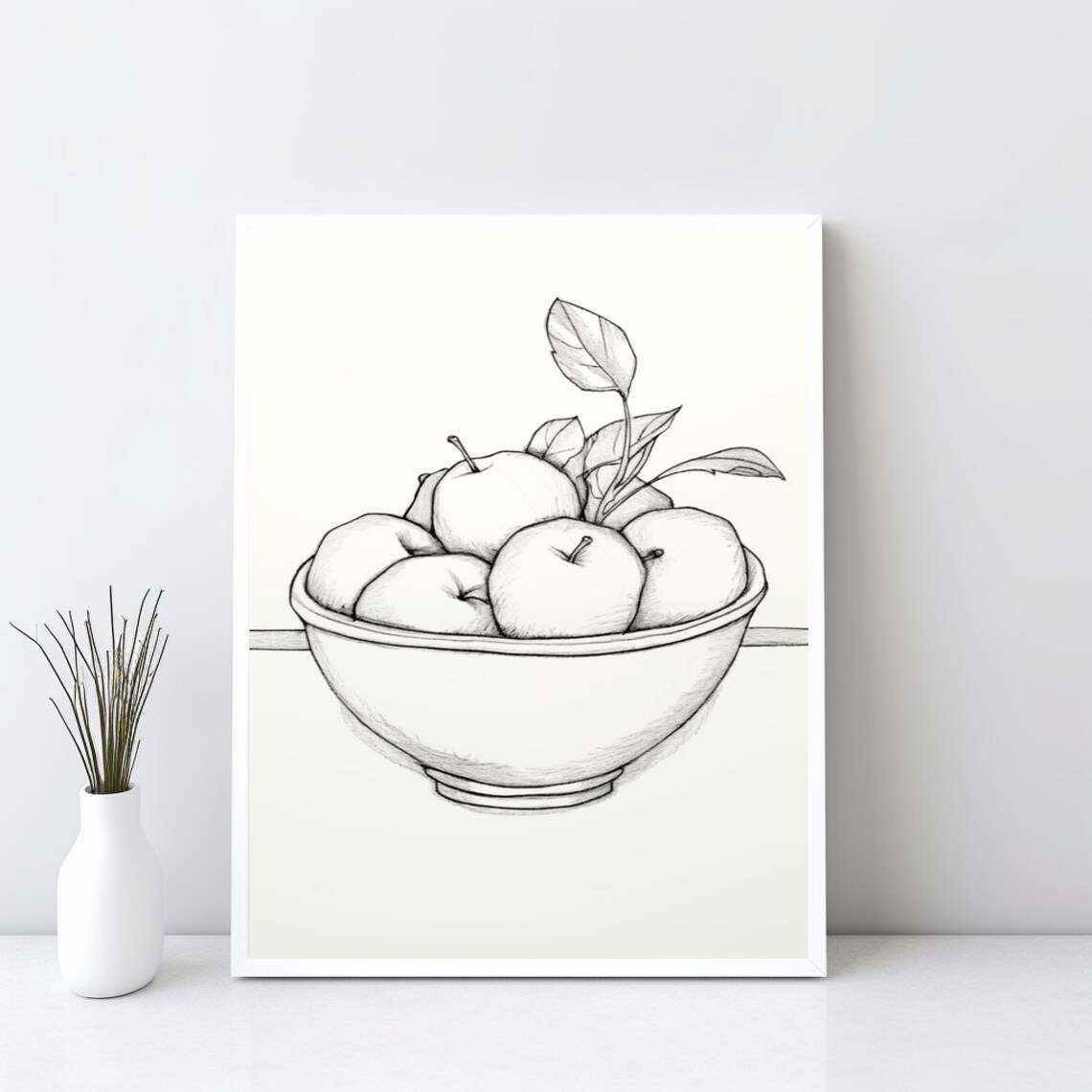 Pencil Sketch Bowl of Apples Minimalist Kitchen Still Life Poster