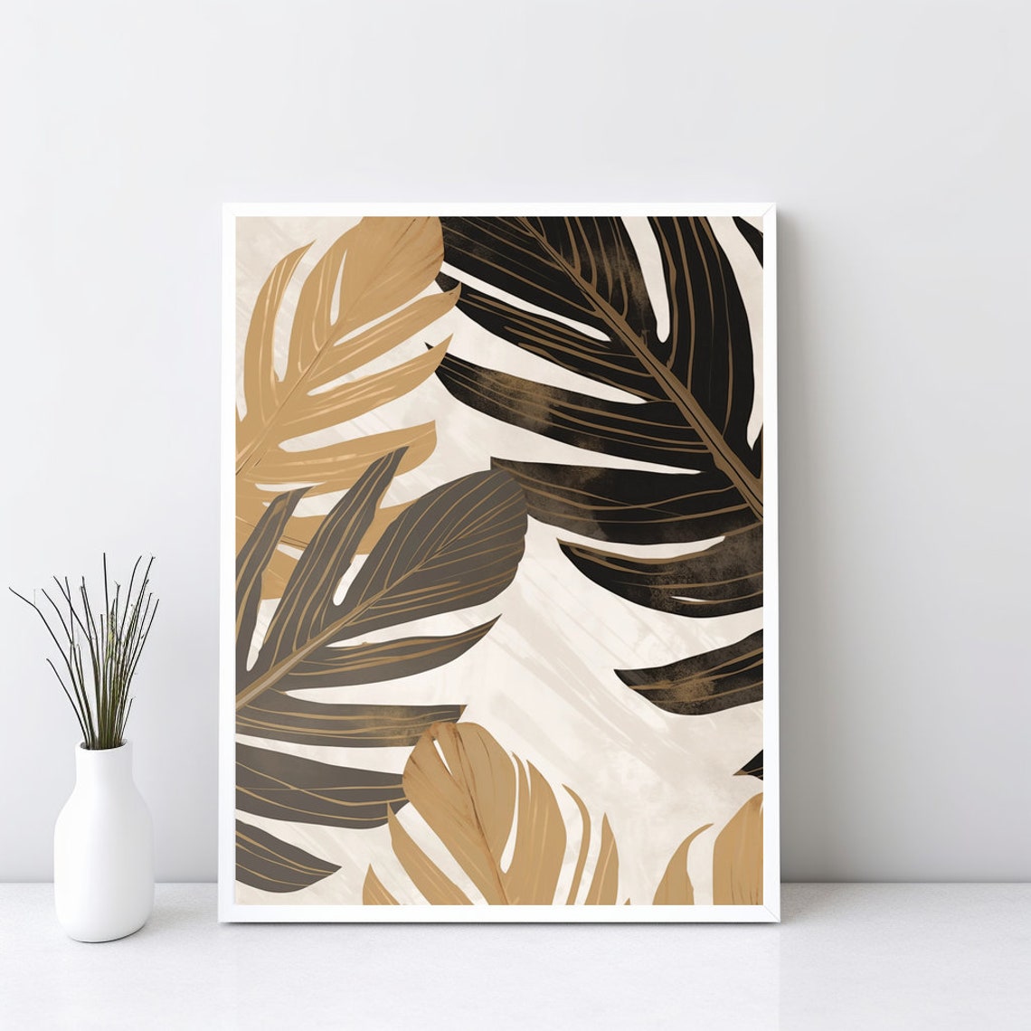 Boho Monstera Leaves Black Gold Mid Century Modern Bohemian Poster