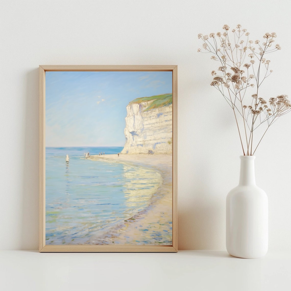 White Chalk Cliffs Seaside Impressionist Beach Painting Vintage Poster