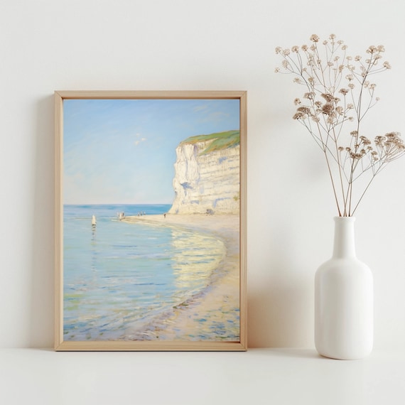 White Chalk Cliffs Seaside Impressionist Beach Painting Vintage Poster