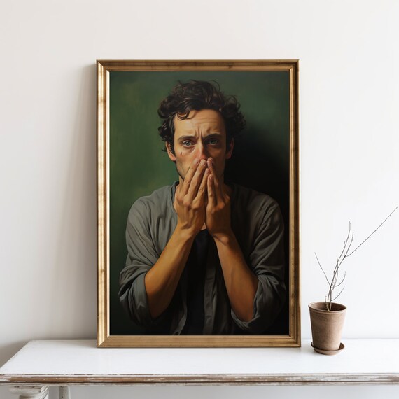Funny Classical Oil Portrait Man Covering Mouth Humor Art Poster