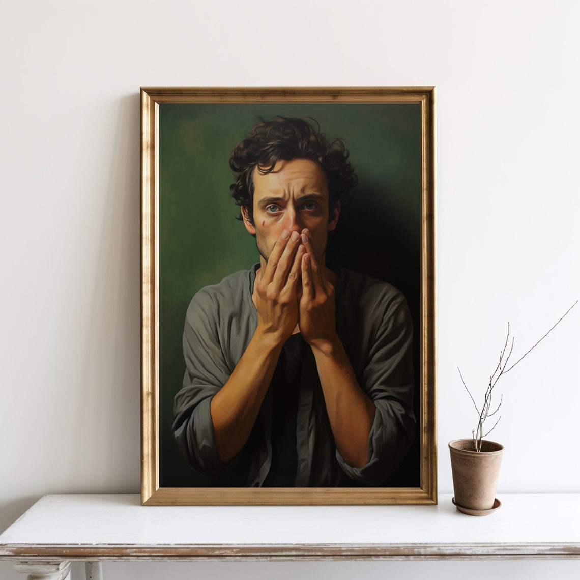Funny Classical Oil Portrait Man Covering Mouth Humor Art Poster