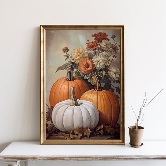 Pumpkin Still Life Painting Rustic Fall Wall Art Vintage Autumn Print Thanksgiving Decor Halloween Poster Sg217