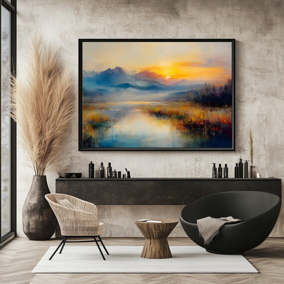 Serene Mountain River Art Landscape Painting Of Golden Hour Reflection Mountain Sunset Home Decor Mountain Mist