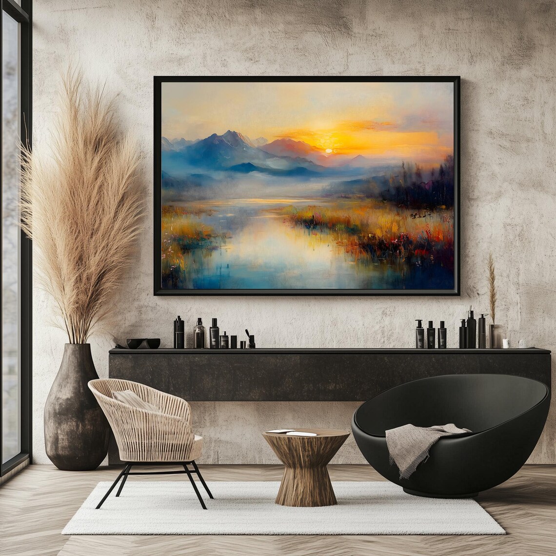 Serene Mountain Lake Golden Sunrise Reflection Warm Glow Travel Poster