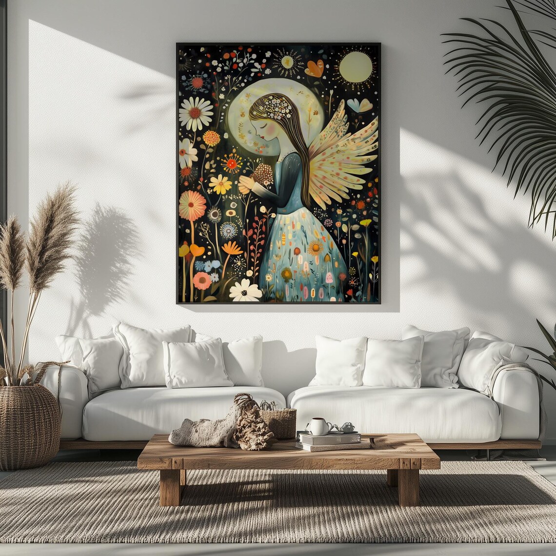 Moonlit Angel in Wildflower Meadow Night Floral Fantasy Wall Art
