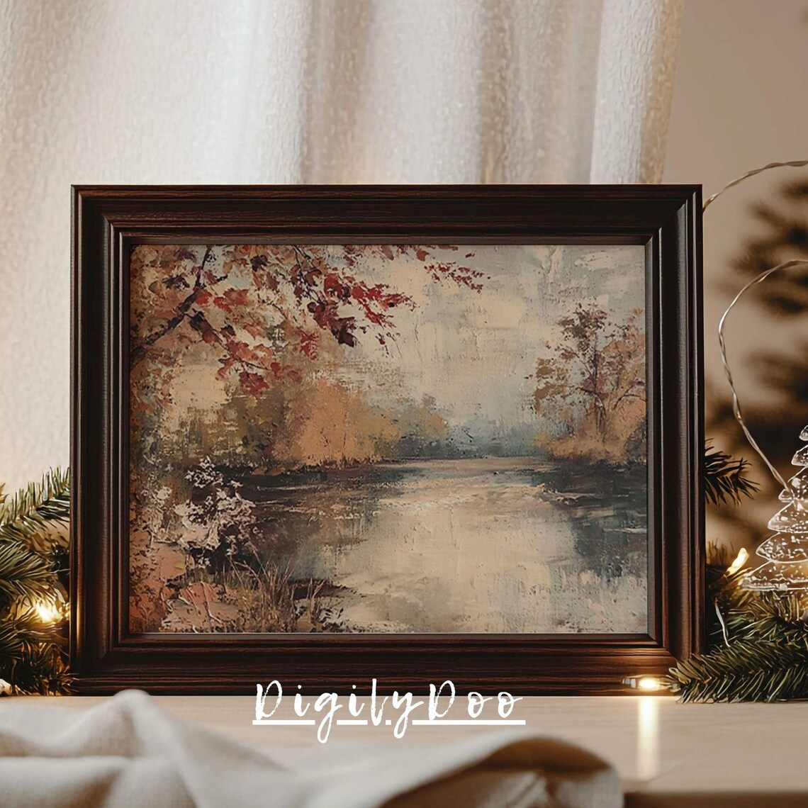 Winter Landscape Christmas Art Print, Rustic Vintage